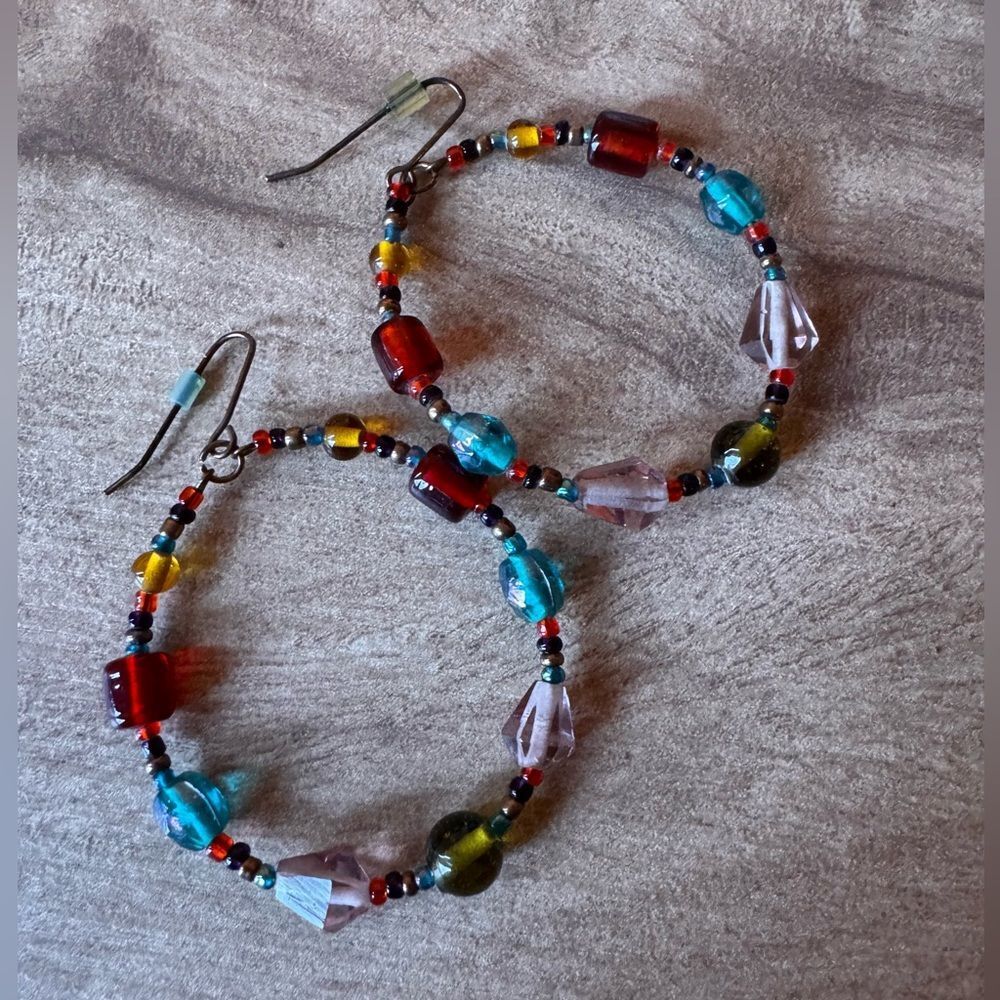 Handmade Glass Artisan Boho Dangle Hoop Earrings Hippie Bohemian Southwestern